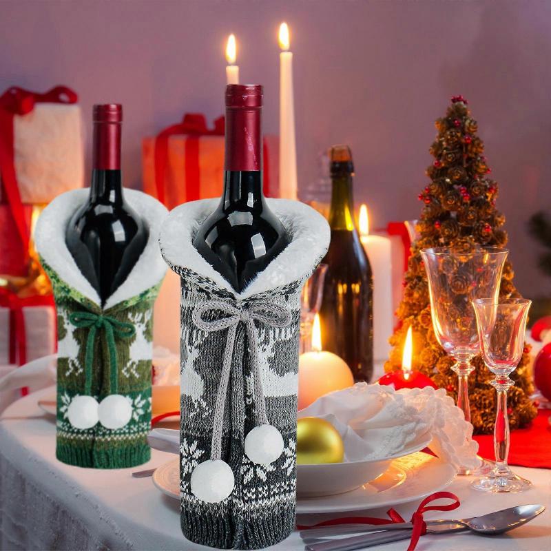 New Christmas Ornaments Plush Knitted Wine Bottle Cover Red Wine Bottle Cap Holiday Home Decoration Wine Cover Set of 3 with Faux Fur Collar