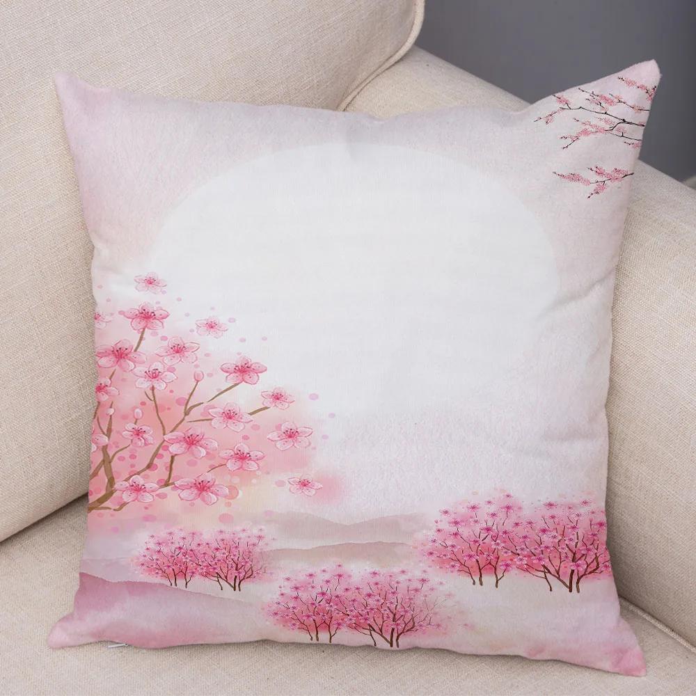 Pink Peach Blossom Cushion Cover Decor Watercolor Cartoon Plant Tree Pillow Case for Sofa Home Car Soft Plush Pillowcase 45x45cm