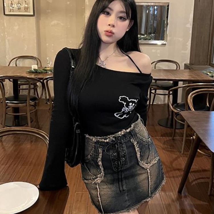 Dünne Sexy Off Schulter Schwarz T Shirt Frauen Y2k Vintage Langarm T Femme Dünnes Streetwear Damen Halter Tops Chic