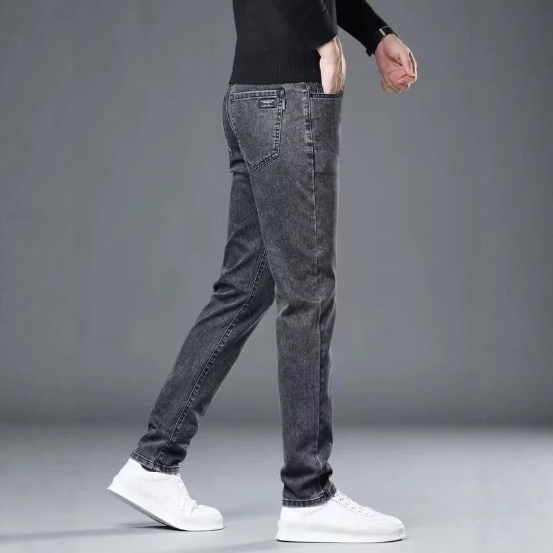 Summer thin high elasticity not easy to fade men's jeans straight slim fit medium high waist deep gear loose business