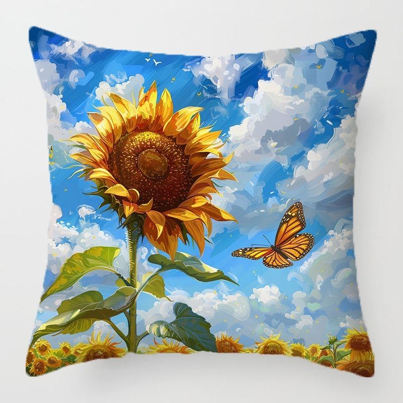 Oil Painting Sunflower Cushion Cover 2D Peach Skin Pillow Case Butterfly Blue Sky Decorative Throw Pillows For Sofa Living Room