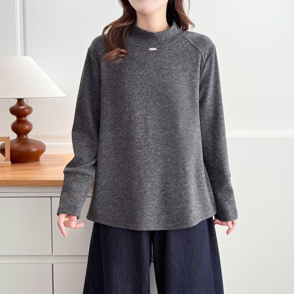 Plus Size Korean Style Drop Shoulder Slimming Long Sleeve Fleece T-shirt - Warm Versatile Base Layer for Women