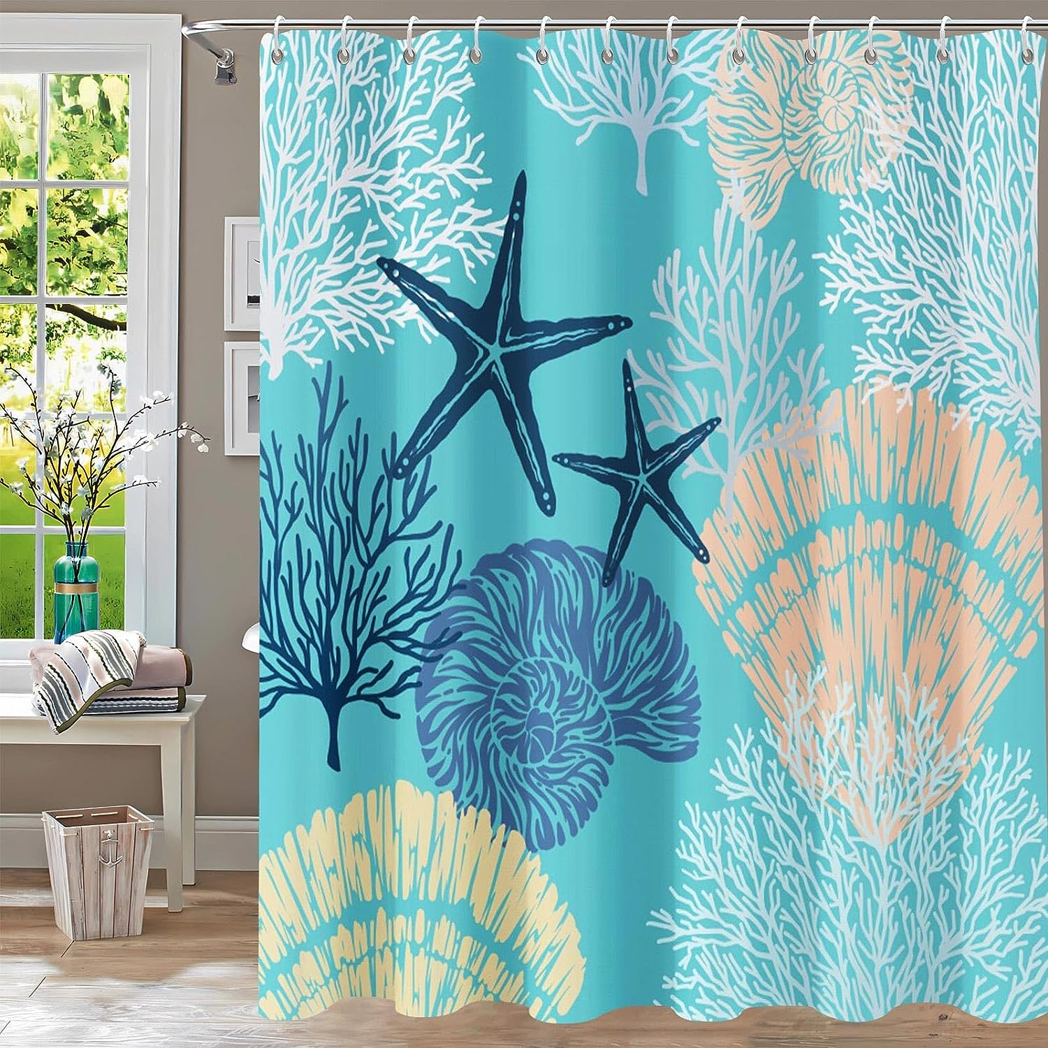 

Nautical Coastal Shower Curtain Starfish Seashell Coral Ocean Beach Themed Bath Curtains Fabric Bathroom Decor with Hooks 35x70inch-90x180cm