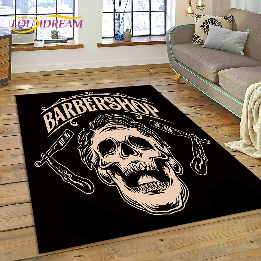 Fashion Barber Shop Logo Skull Vintage Rug Carpet for Living Room Bedroom Decor,Floor Mat Non-slip Decoration for Sofa Doormat
