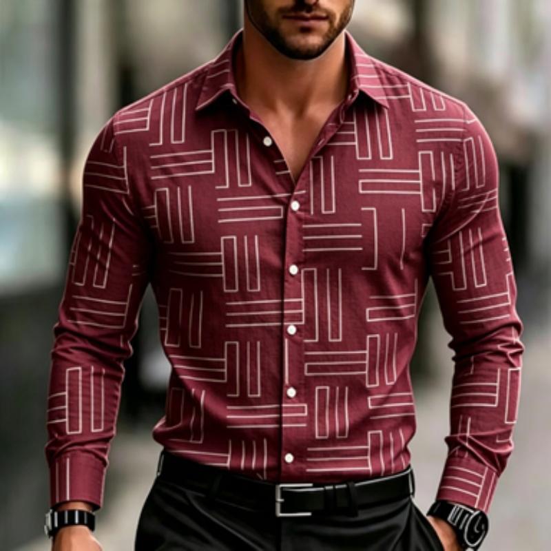Men's Casual Geometric Lines with Digital Printing, Men's Long Sleeved Shirt, Fitted Version, Lapel Shirt, Trendy and Creative