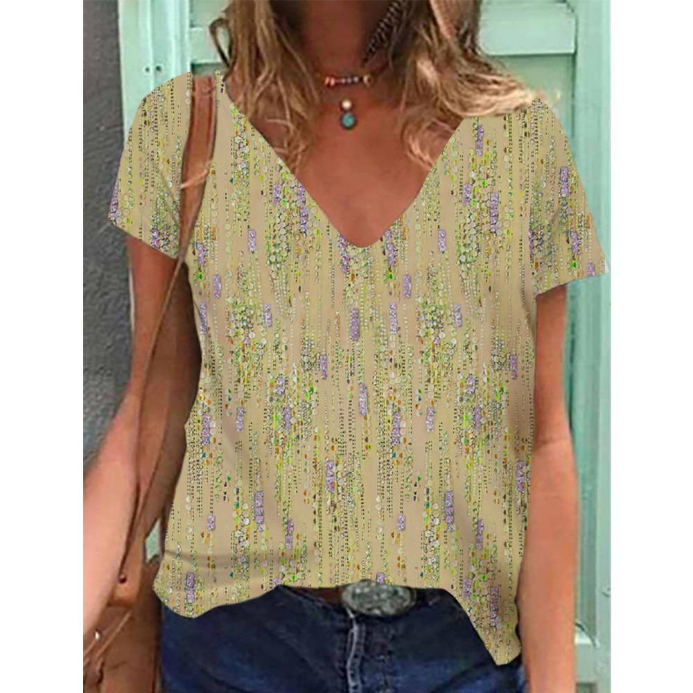 Women's T-shirts Summer Gradient Graphics Tops V Neck Fashion Female Vintage Clothing Floral Print