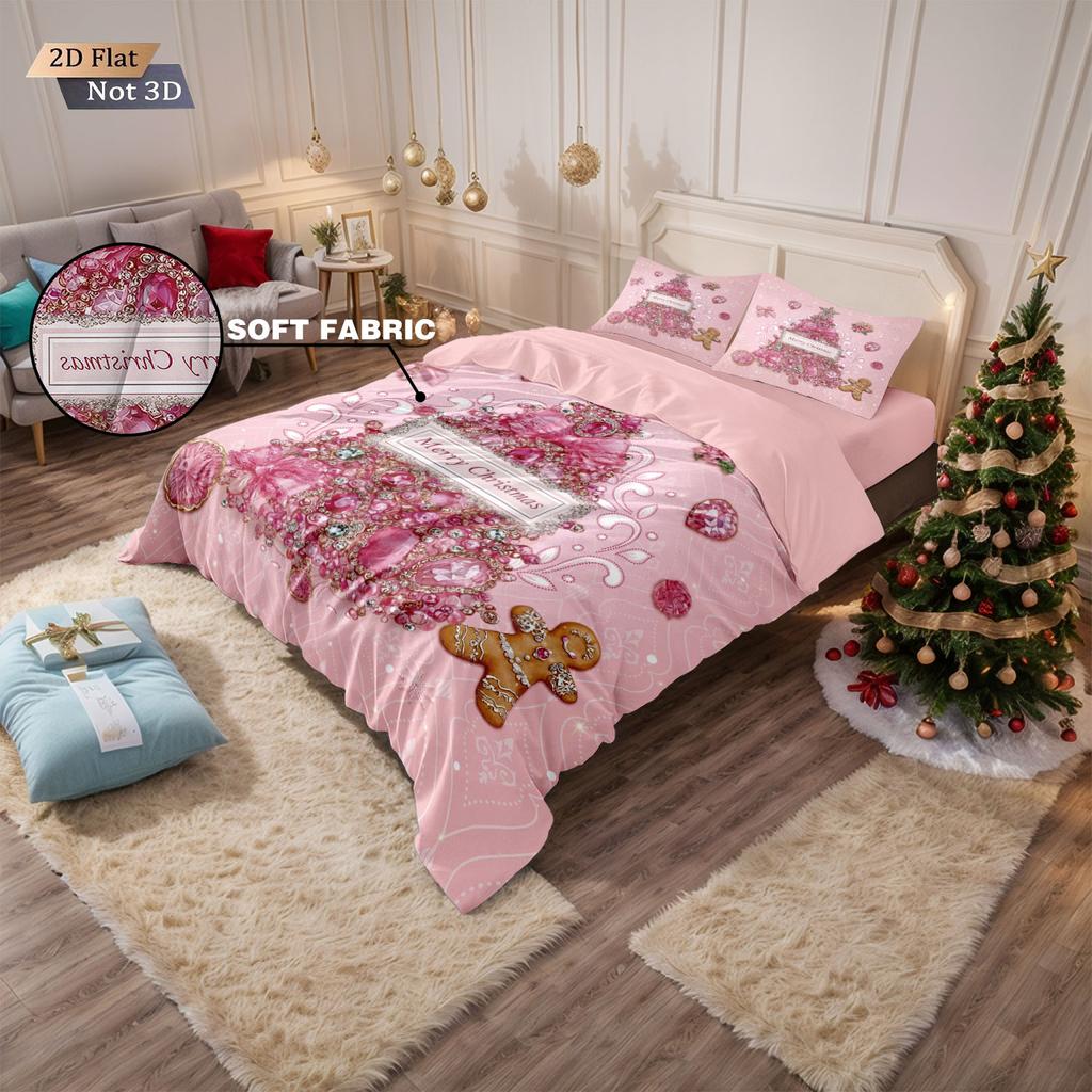 3pcs pink romantic Christmas tree print coreless duvet set multi size bedroom bedding holiday decoration machine washable