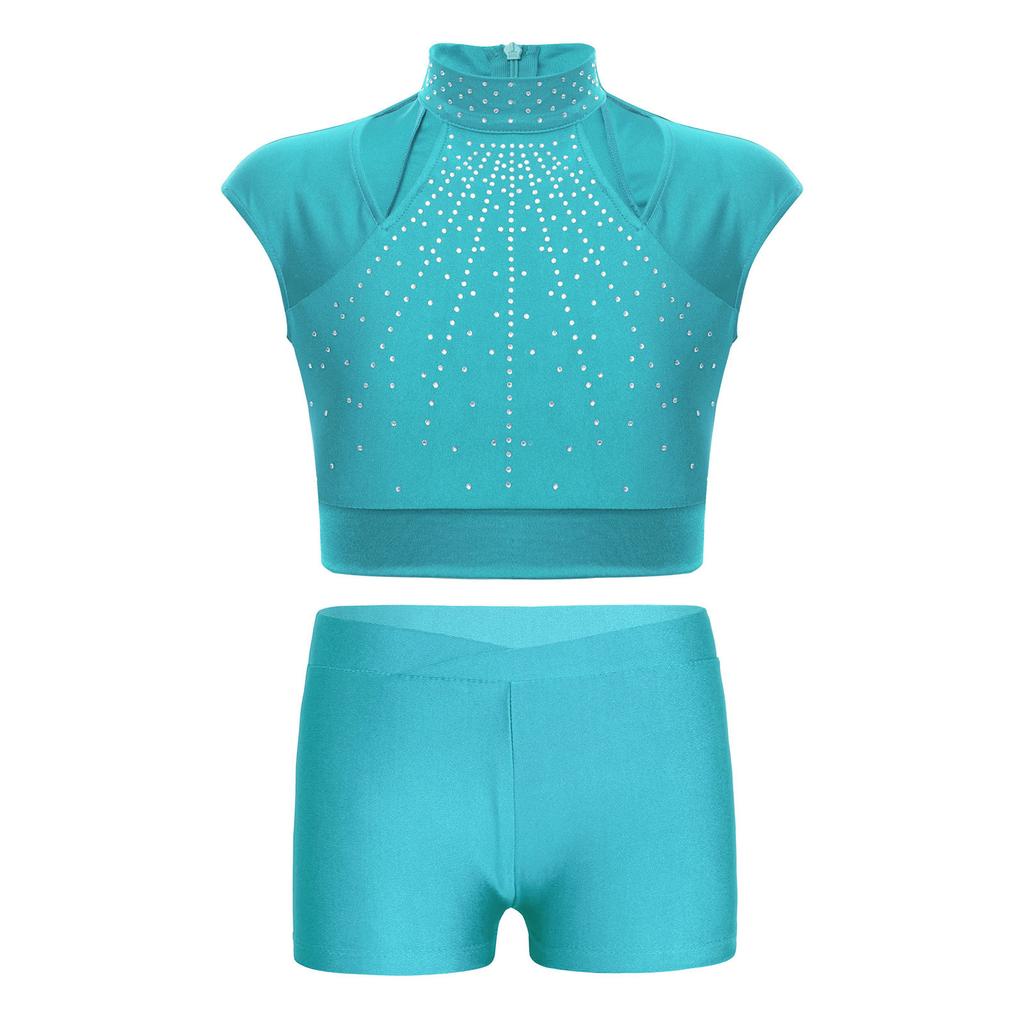 Girls Sleeveless Crop Top Shiny Rhinestones Cutout Design with V Front Waistband Shorts Dance Outfit