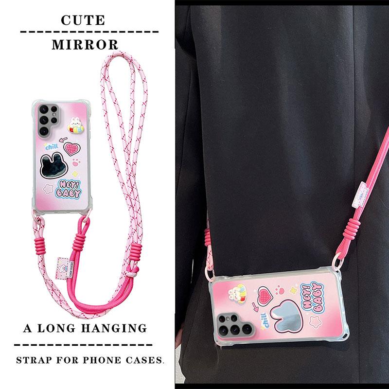 KEYSION Crossbody Strap Phone Case for Samsung S23 S24 S25 Ultra Cute Cartoon Long Lanyard Mirror Shockproof Cover for Galaxy S25 S24 S23 Ultra