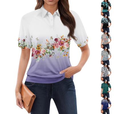 Damen-T-Shirt mit lässigem Blumendruck, V-Ausschnitt, kurzen Ärmeln und dekorativen Knöpfen