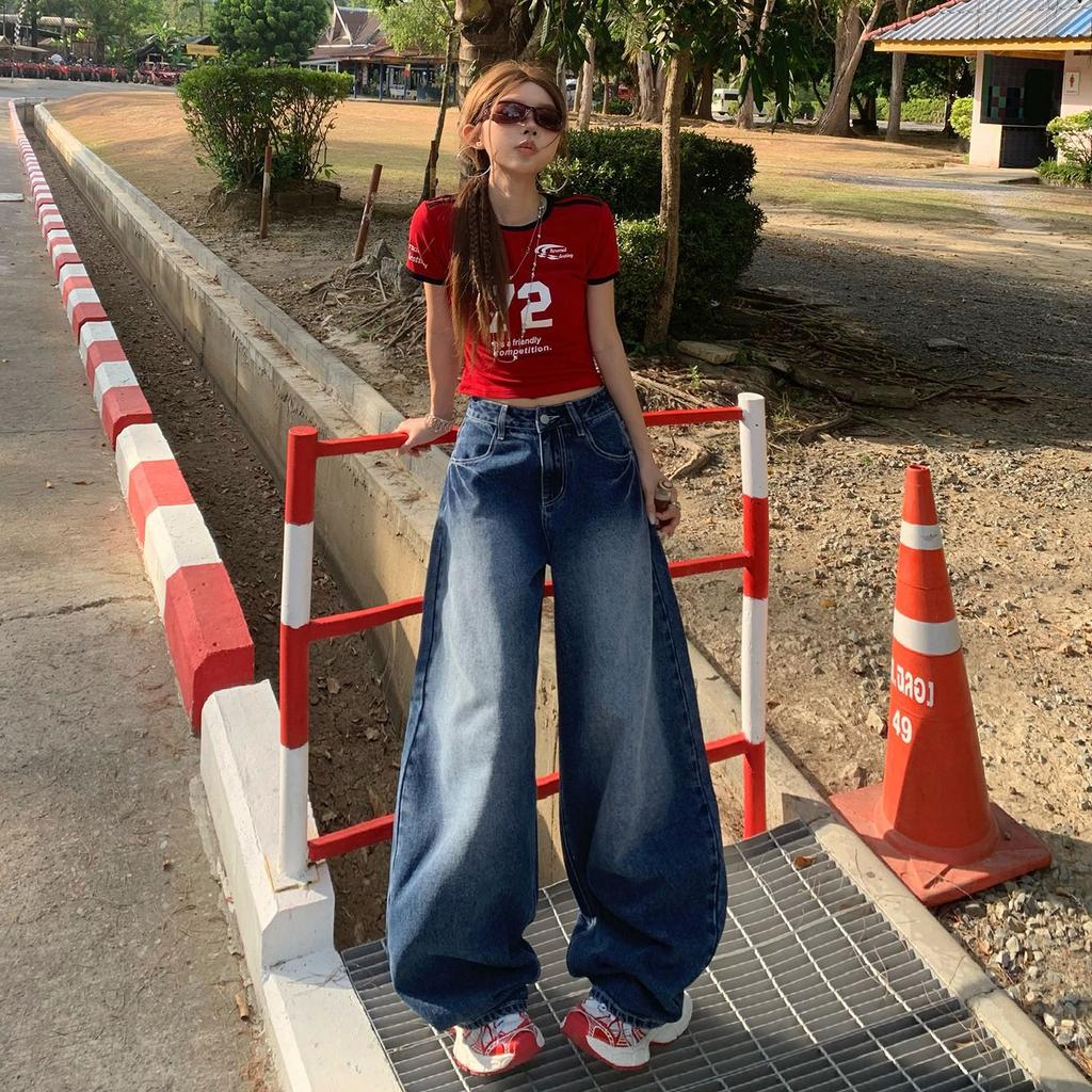 Spring Summer Vintage High Waist Drape Scythe Saber Cut Relax Wide Leg Denim Pants For Ladies Casual Pants Oversize Denim Trousers