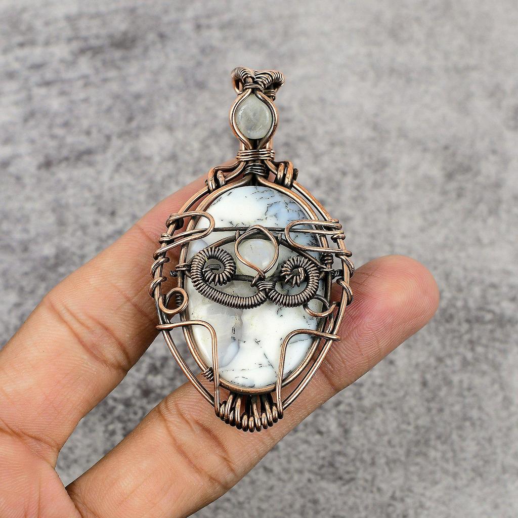 Dendrite Opal & Rainbow Moonstone 999 Copper Wire Wrapped Pendant, Handmade Gemstone Jewelry Pendant Gift For Birthday