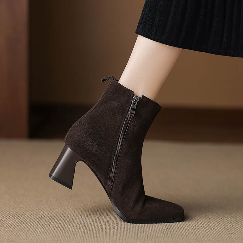 Krazing Pot Cow Suede Nubuck Winter Square Toe Modern Boots Thick High Heels Zipper Women Ankle Boots