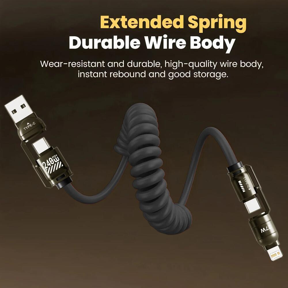 240W 4-in-1 Fast Charging Spring Data Cable Retractable Multi USB Type-C To Lightning Type-C for Phone Tablet