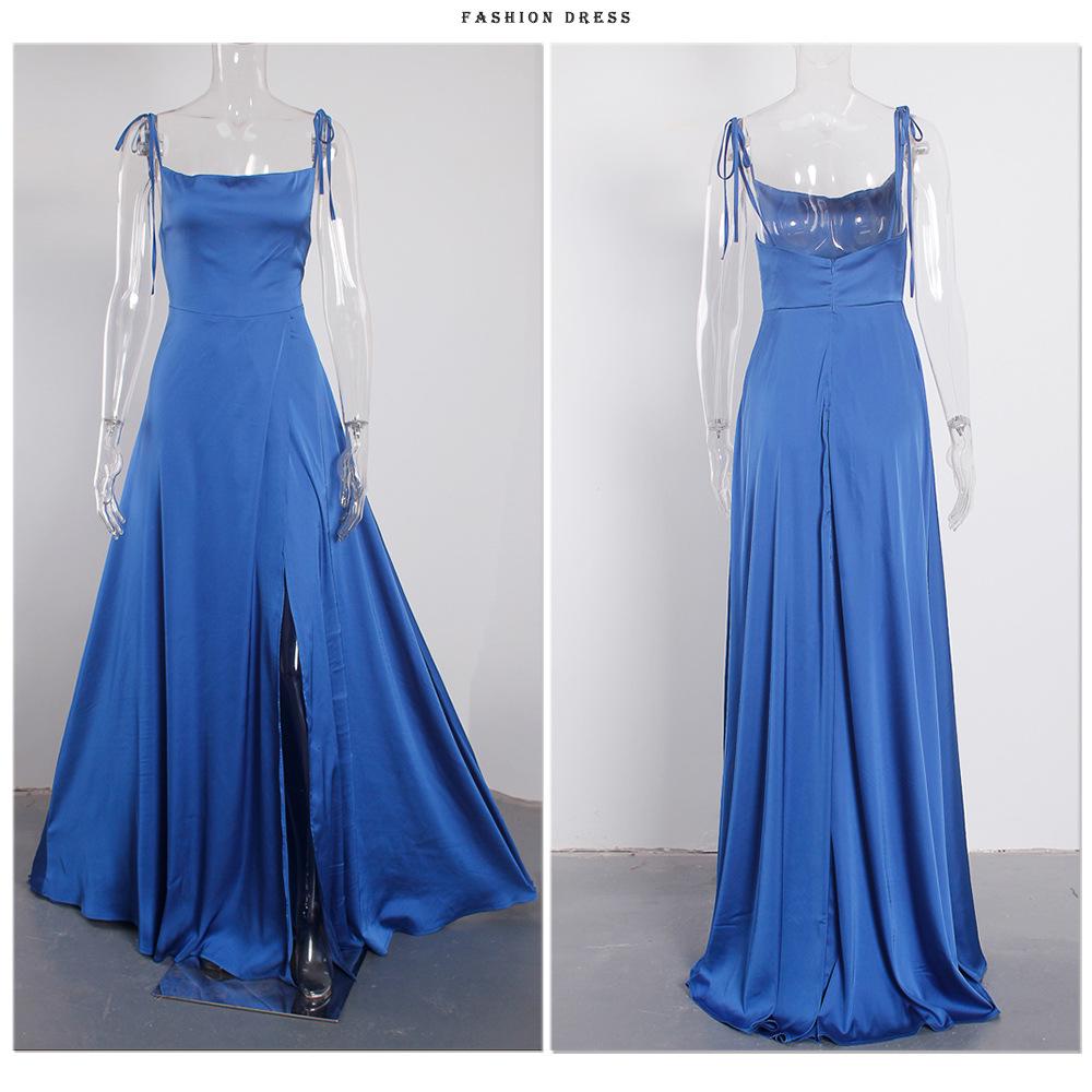 Elegantní saténové večerní šaty na špagetová ramínka se čtvercovým výstřihem a vysokým rozparkem