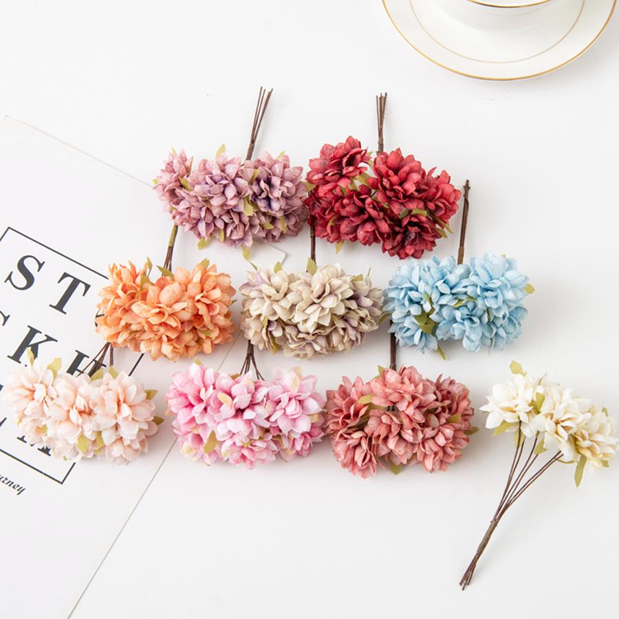 6Pcs Artificial Flowers Silk Carnation Mini Bouquet Wedding Wreaths Valentine for Home Decortion Scrapbooking Bridal Accessories