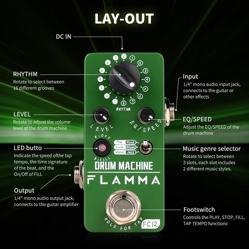 FLAMMA FC12 Drum Machine with FILL Function Guitar Drummer Pedal 6 Types of Music Up To 48 Drum Grooves Tap Tempo EQ Preset Drummer Green Real-time