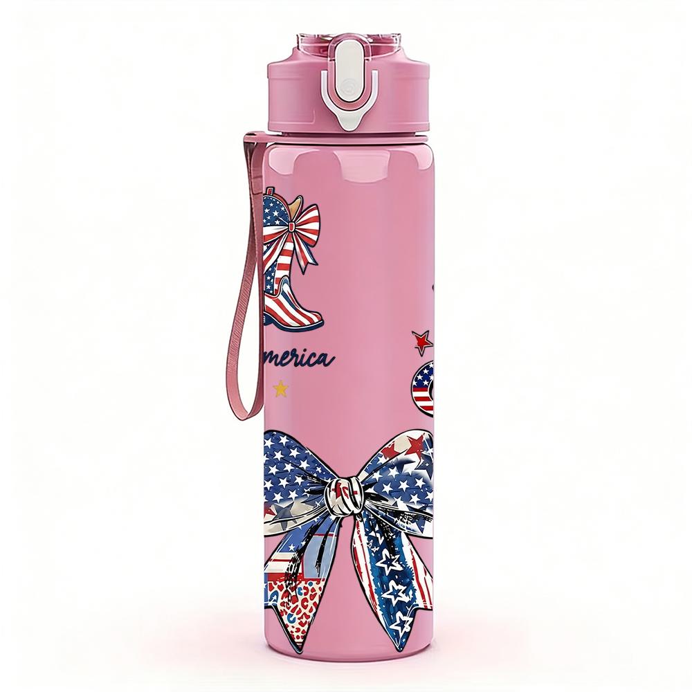 1PC American Flag Bow Girl Text 750ml Color Plastic Sports Water Bottle Leakproof Flip Straw Lid Suitable for Sports Office Home Use