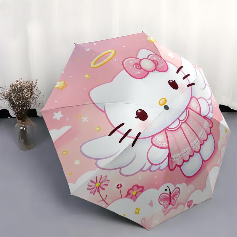 Angel,Hello Kitty Automatic Folding Umbrella-Simple 8-Rib Design, Bright Cartoon Pattern, Durable Iron Frame, Suitable For Travel, Outdoor,