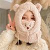 Women Cartoon Lamb Ear Beanie Hat with Mask  Winter Warm Thickened Ear Neck Protection Cap Scarf One Pieces
