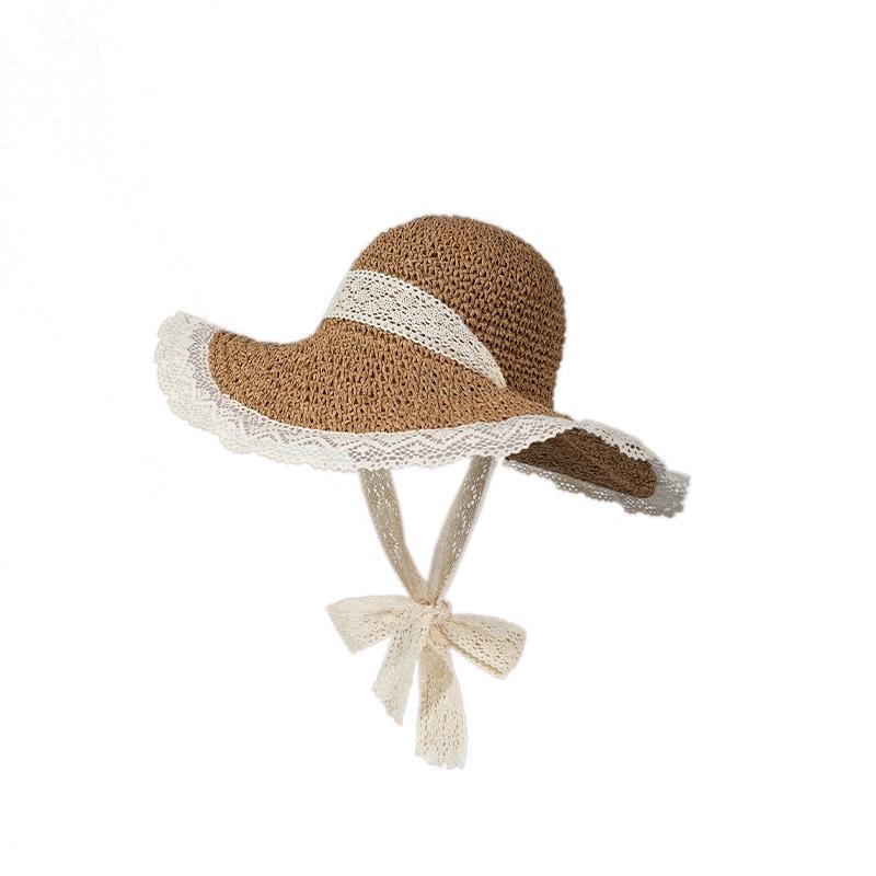 Women's Summer Travel Straw Hat Breathable Lace Trim Hollow Out Sun Protection Sun Hat Wide Brim Seaside Sunshade Hat