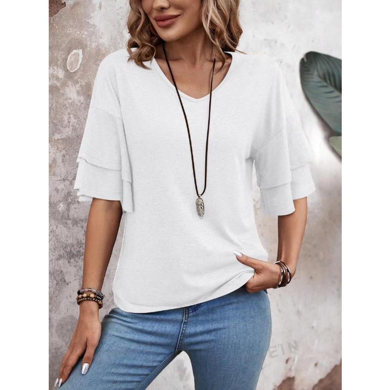 Summer New Solid Color V-neck Double-layer Sleeve Loose T-shirt Short-sleeved Women