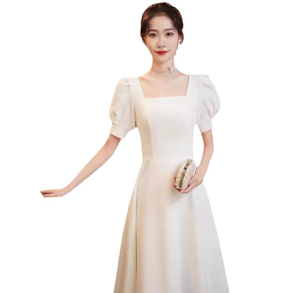 High-end sense small woman small white dress license marriage registration small dress daily wear simple medium and long dress