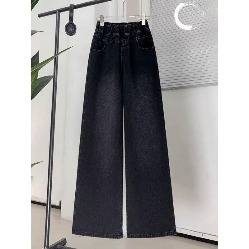 

Women s Plus-Size High-Waisted Black-Grey Denim Jeans: Spring/Summer Loose Straight-Leg with Elastic Waist for a Slimming Fit. XL