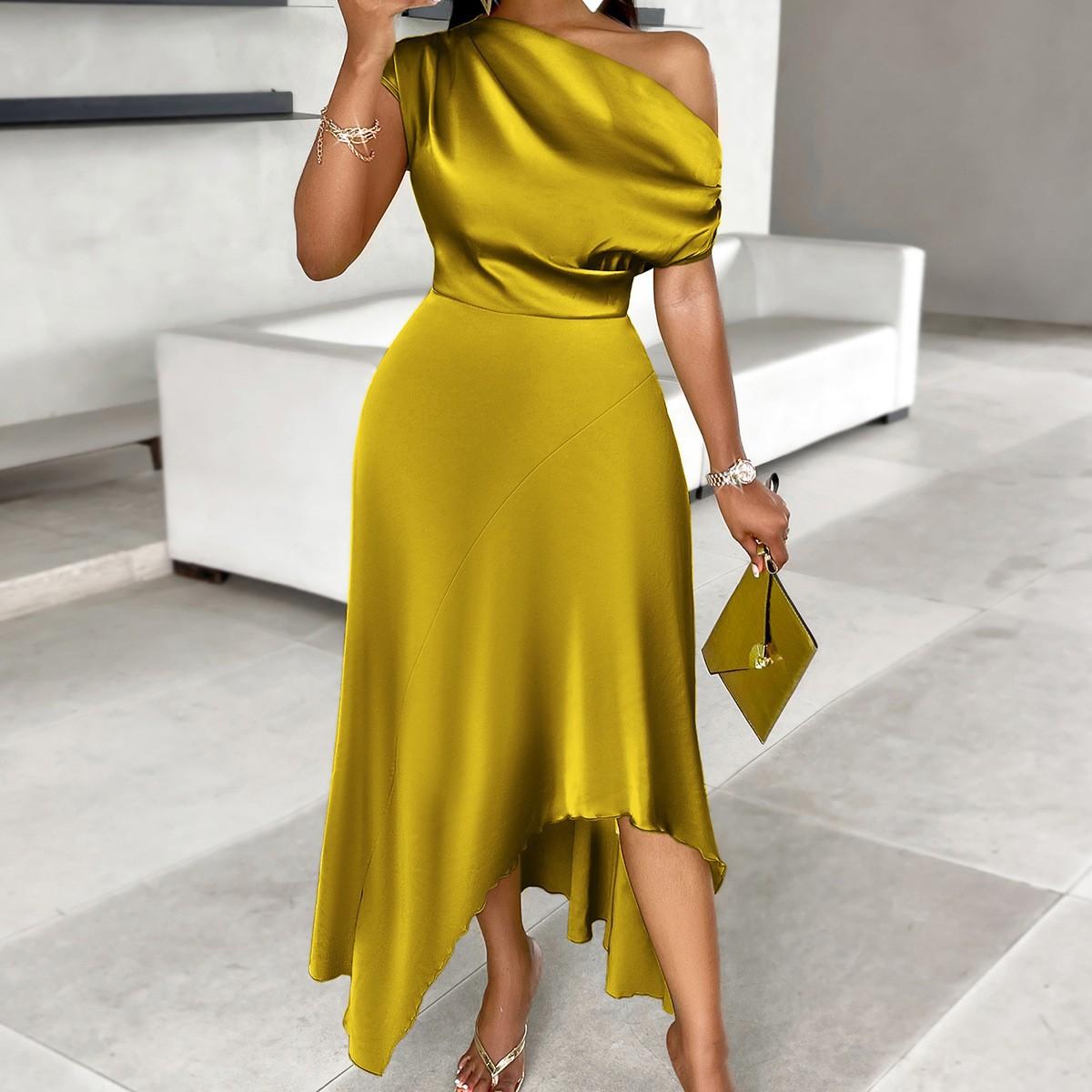 

Женское весеннее однотонное платье без рукавов с косыми плечами, летнее повседневное платье А-силуэта с высокой талией, асимметричное длинное платье S-XL
