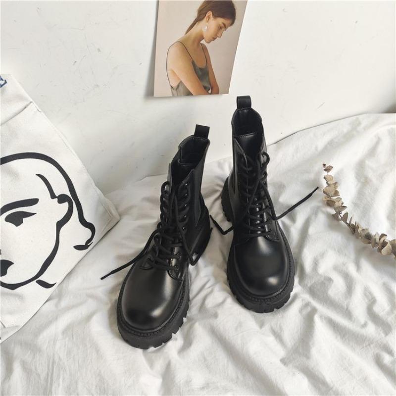Women's shoes autumn and winter cotton shoes medium top new Martin boots velvet versatile round head medium tube boots women's platform single shoes