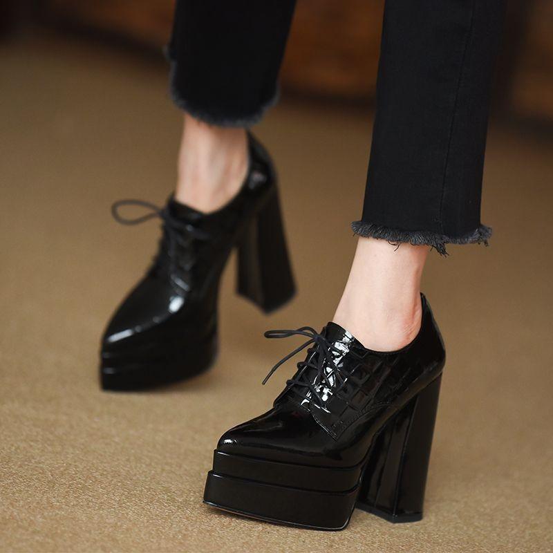 Scarpe basse con tacco altissimo, modello autunno, punta affusolata, allacciatura frontale, plateau antiscivolo, tacco quadrato resistente all'usura.