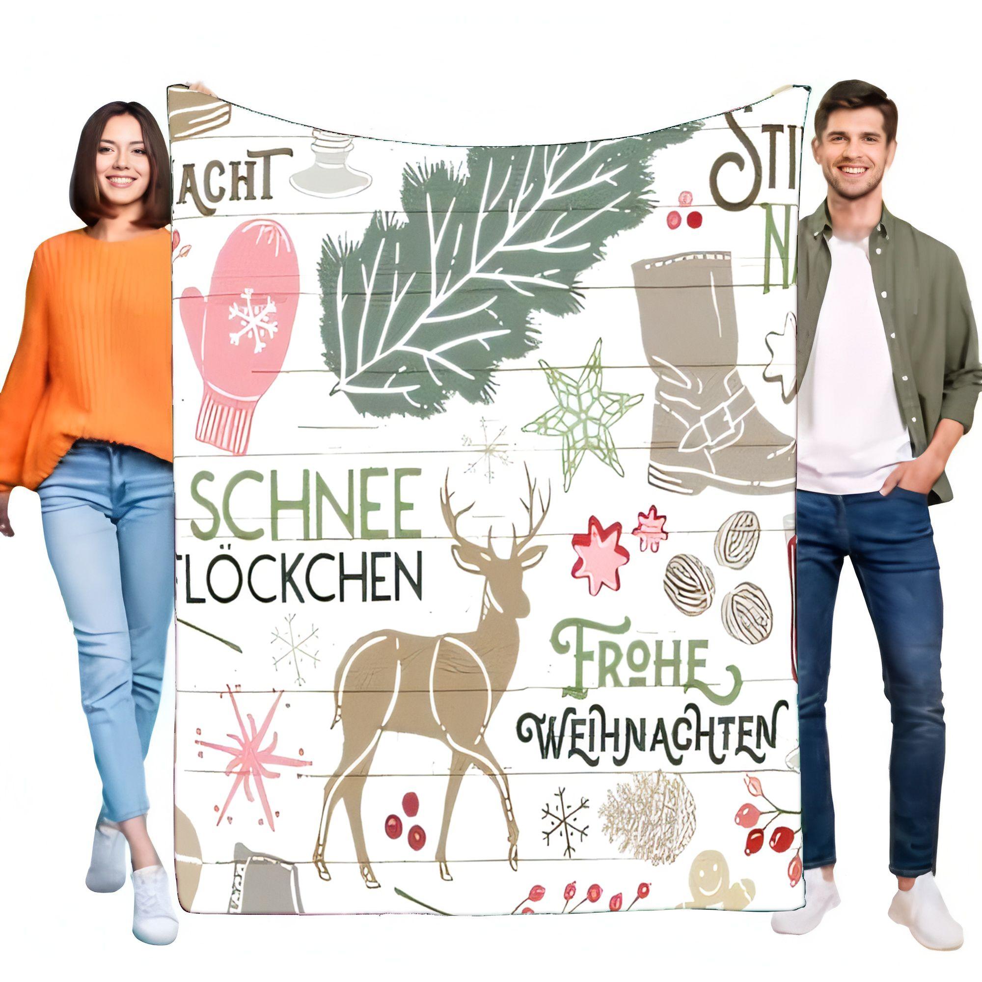 Frohe Weihnachten German Reindeer Snowflake Pine Christmas Blanket, Soft Cozy Winter Throw for Sofa Bed Living Room Holiday Deco 75X95CM