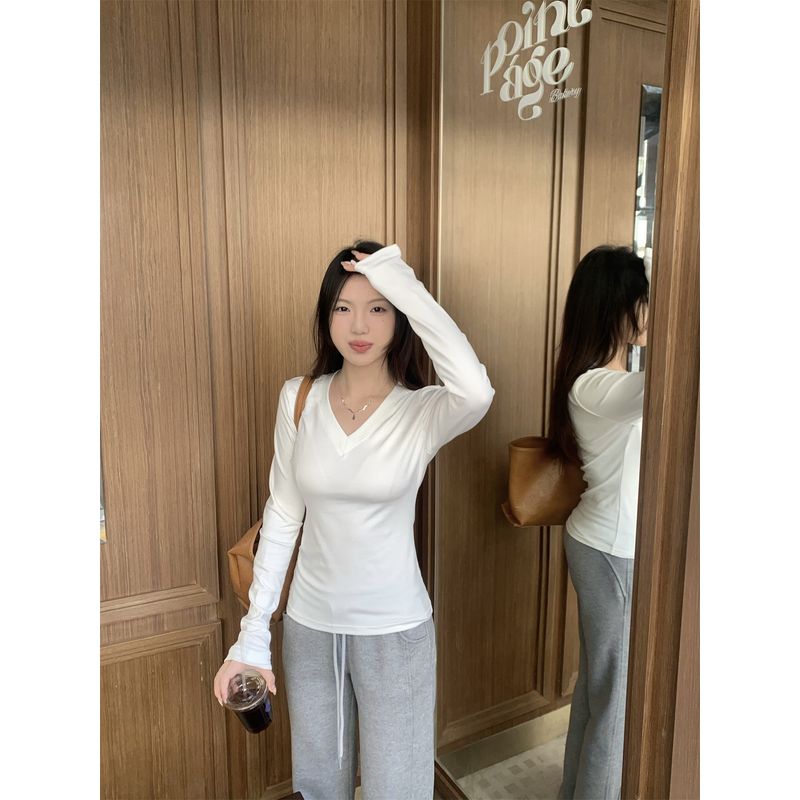 Kumikumi Basic Style Minimalist V Neck Long Sleeves T-shirt Women Fall Younger Slim-Fit Slim Looking Inner Bottoming Shirt Tops