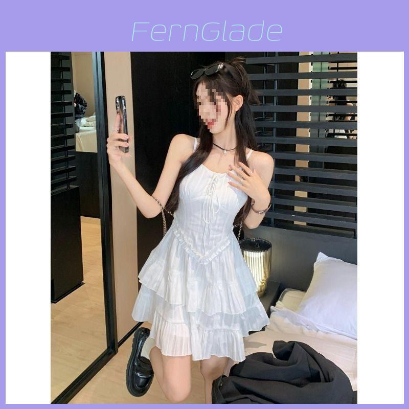 White Strap Dress Summer Knit Fabric Sleeveless Waist Short Skirt For Women