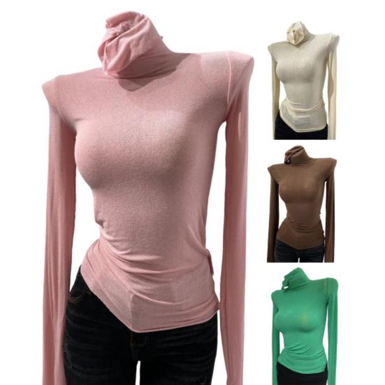 High Collar Long Sleeve Slim Base Shirt Women Solid Color Elastic Tops for Autumn Winter