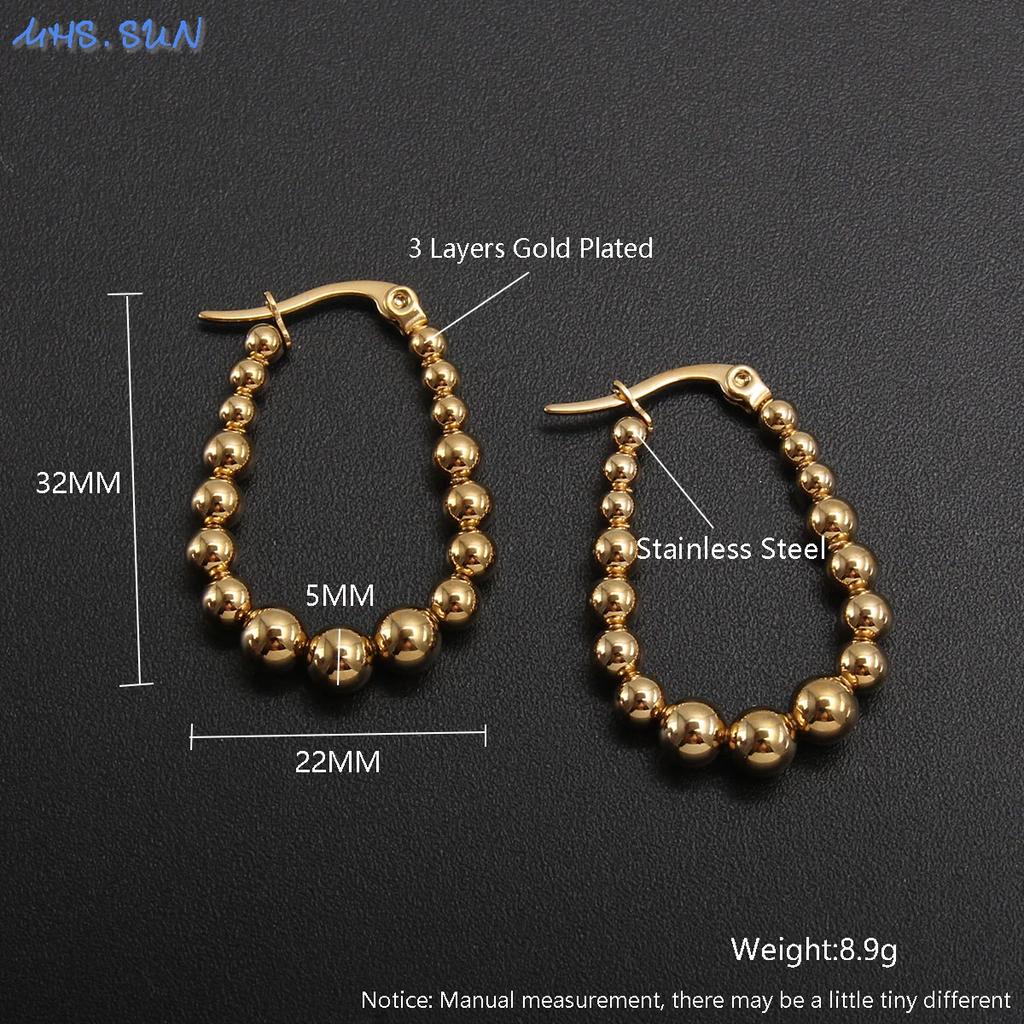 MHS.SUN Luxury Gold Plated Square Round Stainless Steel Hoop Earrings Cross Ball Beads Earring for Women Girls Wedding Jewelry