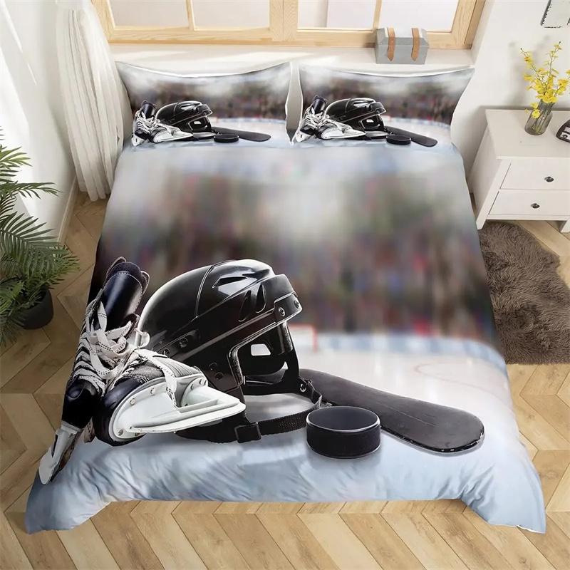 Ice Hockey Duvet Cover Set Full Queen Size Geometric Check Patchwork Stylish Bedding Set Athlete Winter Sports Comforter Covers