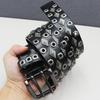 Double Needle Heavy Rivet Belt Genuine Leather Cowhide Whole Hole Belt Diamond Nail Hollow Eye Thorn Accessories American Style
