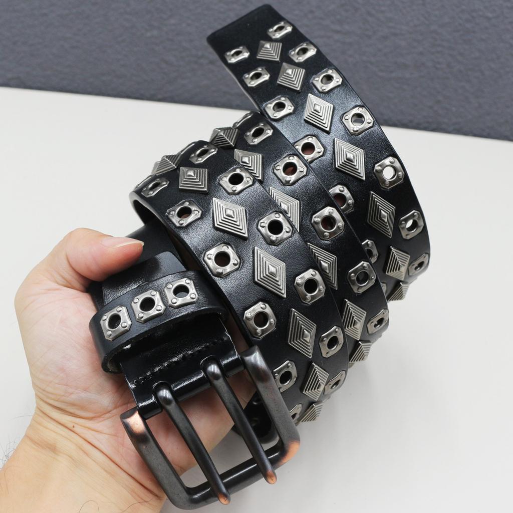 Double Needle Heavy Rivet Belt Genuine Leather Cowhide Whole Hole Belt Diamond Nail Hollow Eye Thorn Accessories American Style