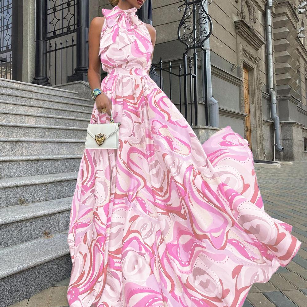 Jaro a léto nové evropské a americké dámské francouzské dlouhé šaty šifonové na ramínka modré s vysokým pasem temperamentní tištěné šaty