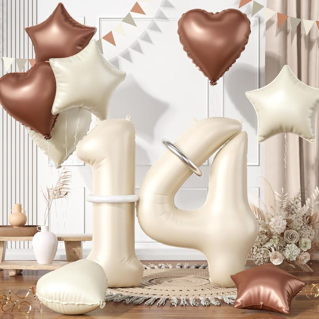 13 Pcs40inch Digital Love Pentagram Aluminum Film Balloon Set 10~21 Years Old Number Cream White Number for Birthday Party Decor
