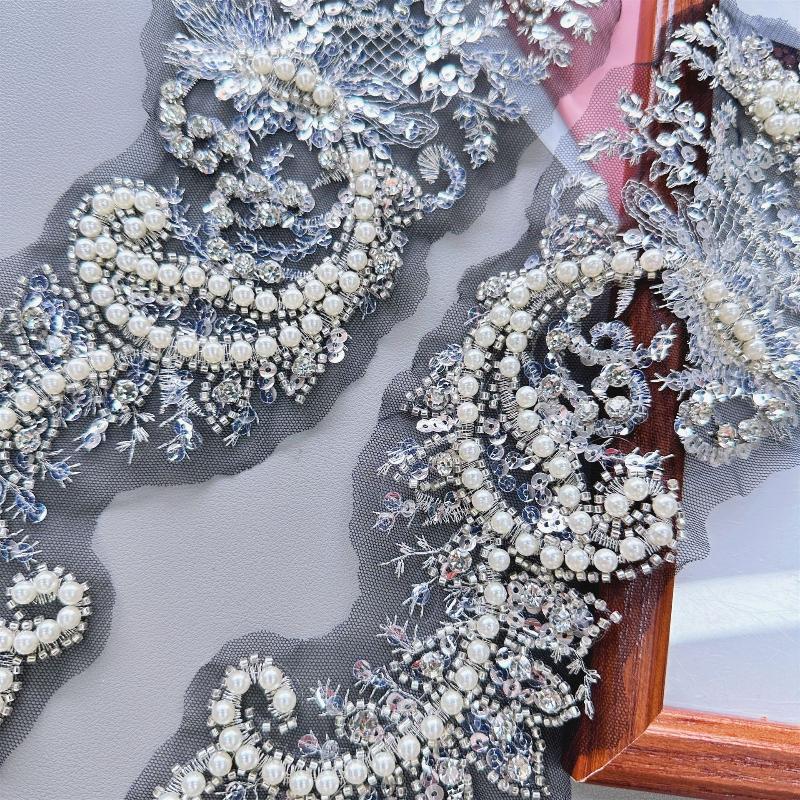 1 Pair Net-silk Pearl Sequin Embroidered Fabric Patches Decorative Accessories for DIY Wedding Dress Formal Dress Skirts
