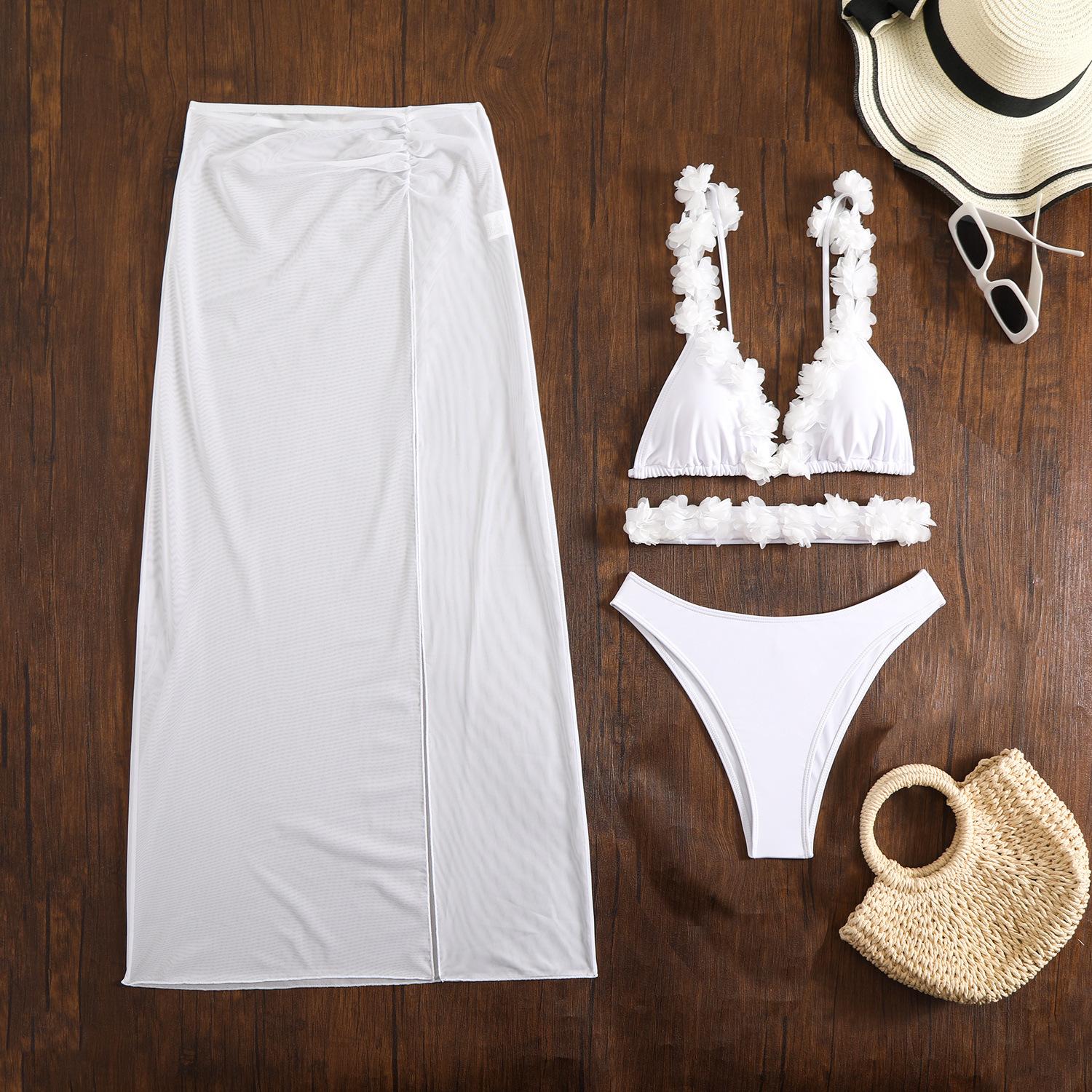 European and American solid color lace sexy three-piece mesh dress bikini bikini S