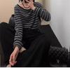 Elegant Loose Slanted Shoulder Knitted Pullover Striped Sweater Casual Gentle Autumn Women Fashion Long Sleeve Tops Loose Casual Office Thin Clothing