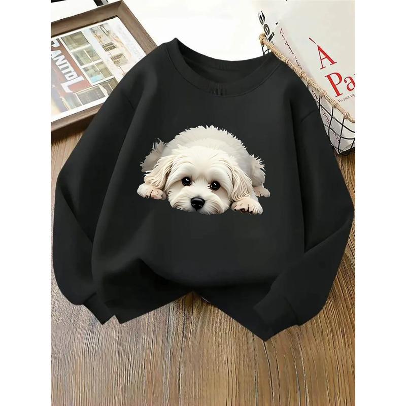 European sizes Fluffy White Puppy Print Kids' Fashionable crewneck sweatshirt,   children's long sleeved, casual multi colored   Children's clothing
