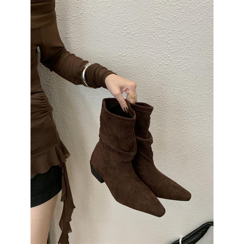 Frosted Suede Western Cowboy Boots Women's Retro Thick Heel Medium Boots High Heel Sleeve Stacking Boots