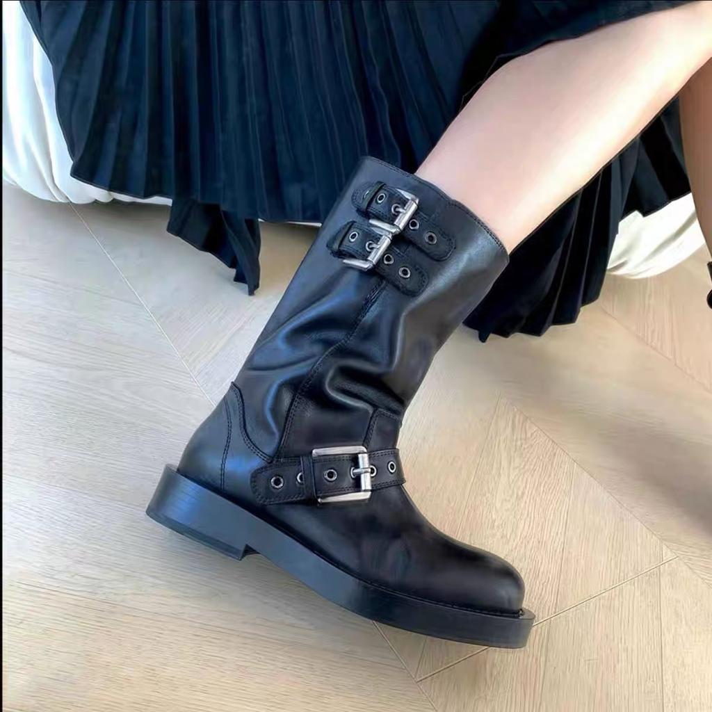 Martin Boots Women's Spring and Autumn Belt Buckle Round Head Knight Boots Retro Metal Short Boots Western Cowboy Platform Leather Boots