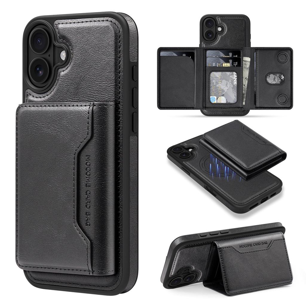 For iPhone 16 Plus Magnetic Case Leather Back Phone Cover with Detachable Card Bag