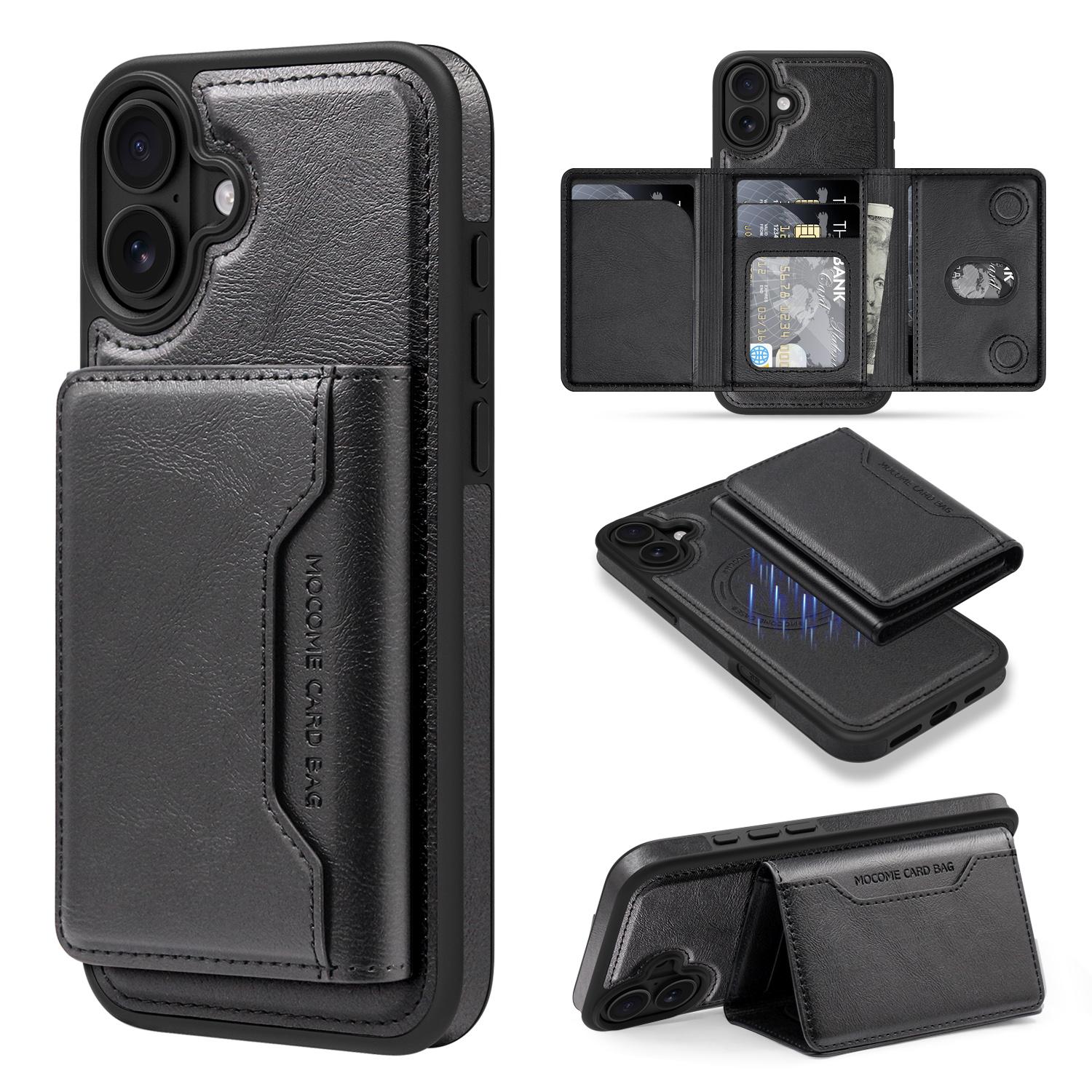 For iPhone 16 Plus Magnetic Case Leather Back Phone Cover with Detachable Card Bag A