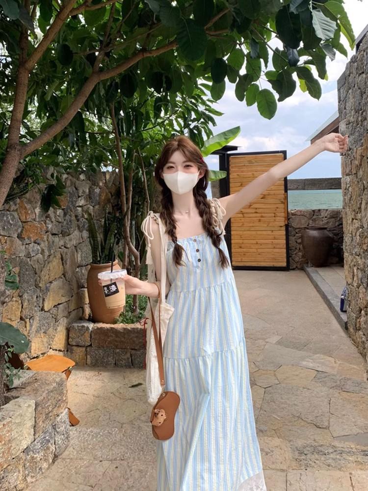 French First Love Blue Suspender Dress Women's Summer New Japanese Literary and Artistic Lazy Style Long Dress Slack